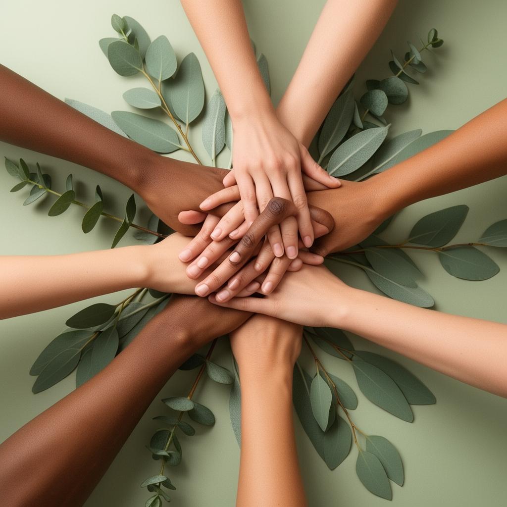 Diverse hands coming together in wellness community