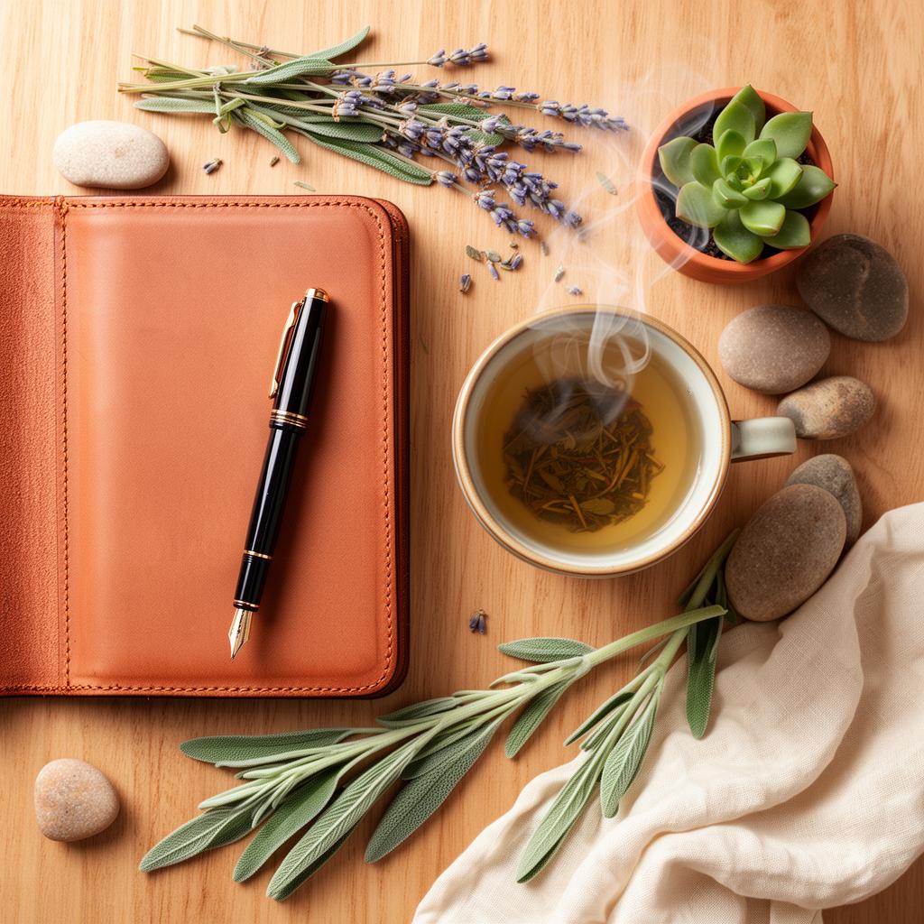 Reset Companion — botanical flat lay with journal, herbal tea, sage and eucalyptus