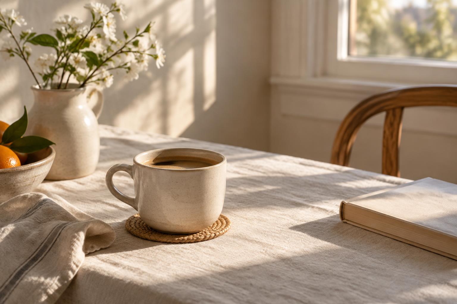 Soft morning sunlight falling through a window onto a linen-covered table with a cup of coffee