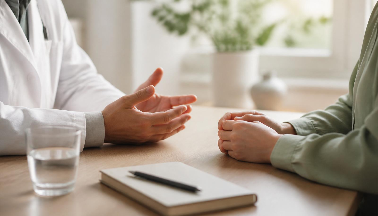 A clinician's hands and a patient's hands across a wooden desk, a glass of water and a notepad nearby, no faces visible