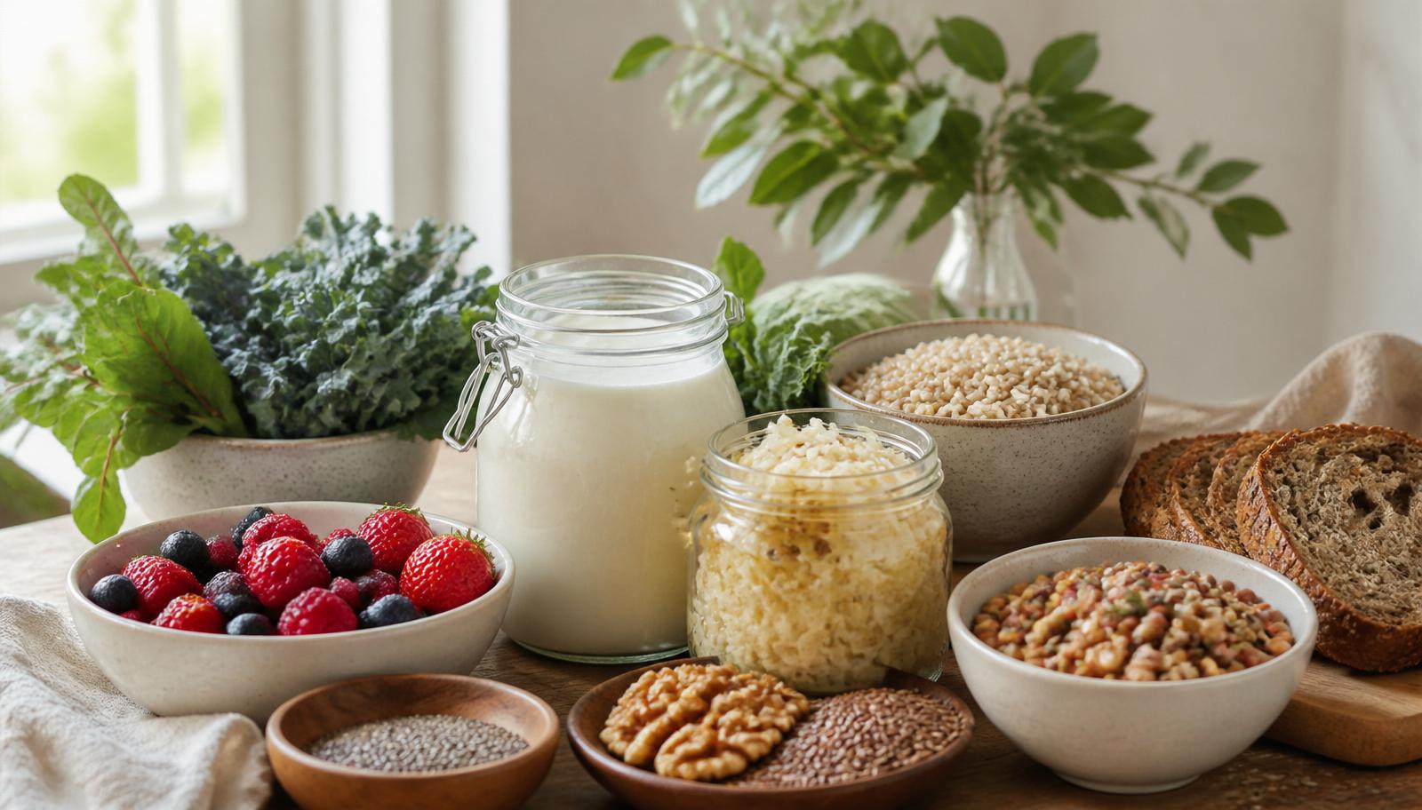 Warm still life on a wooden table: kefir, sauerkraut, wholegrains, pulses, leafy greens and berries in natural window light