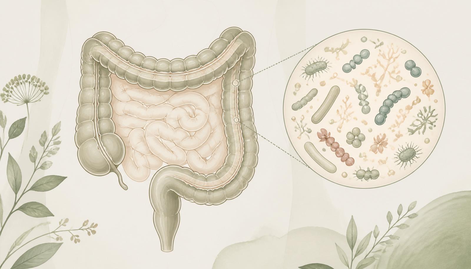 Editorial illustration of the human intestine with a stylised, diverse population of gut microorganisms shown in a magnified circle