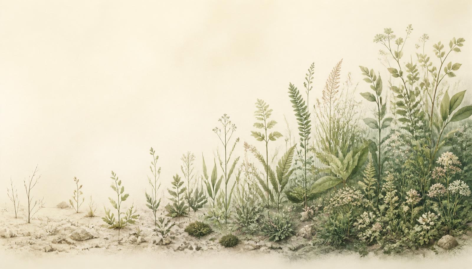 Illustration of a sparse field of small organic forms regrowing left-to-right into a dense, varied plant community