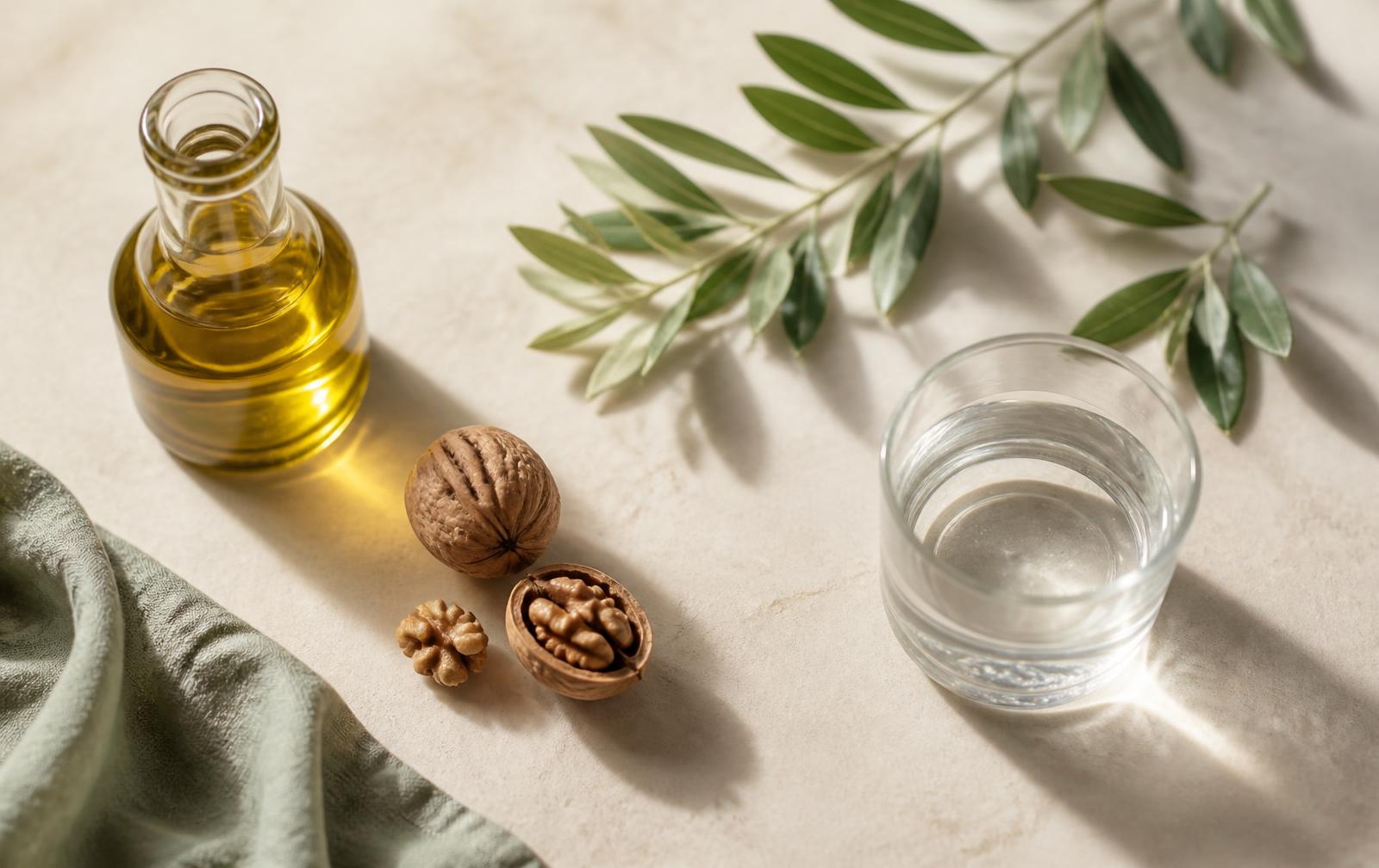 Minimalist overhead still life: olive oil, leafy greens, walnuts and a glass of water on a warm neutral surface