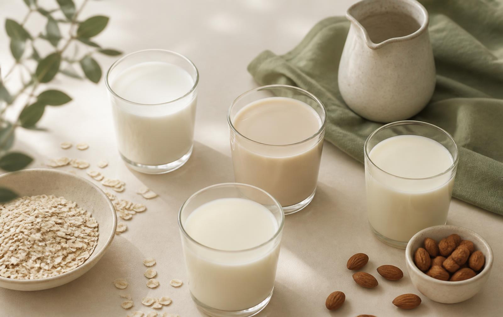 Minimalist overhead still life: several glasses of dairy and plant milks beside oats and almonds on a warm neutral surface