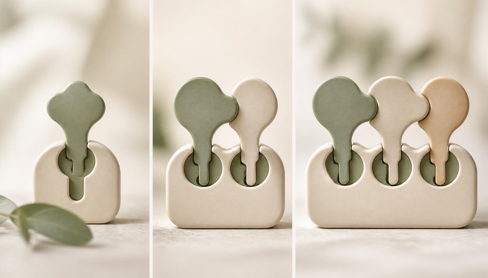 Three simple stylised molecular keys fitting into locks, one then two then three, arranged left to right