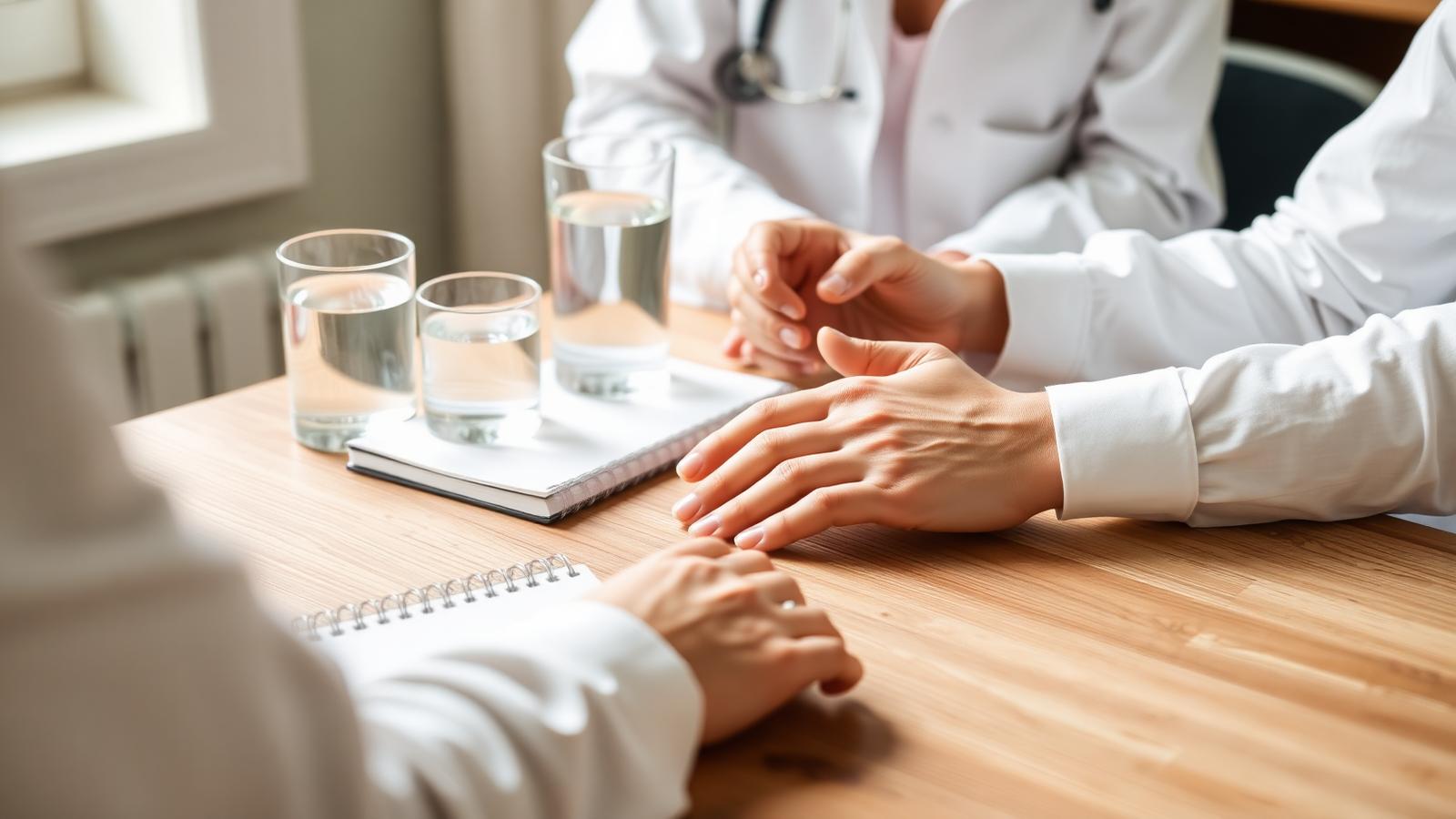 Clinician's hands and a patient's hands across a wooden desk with a glass of water and a notebook, no faces visible