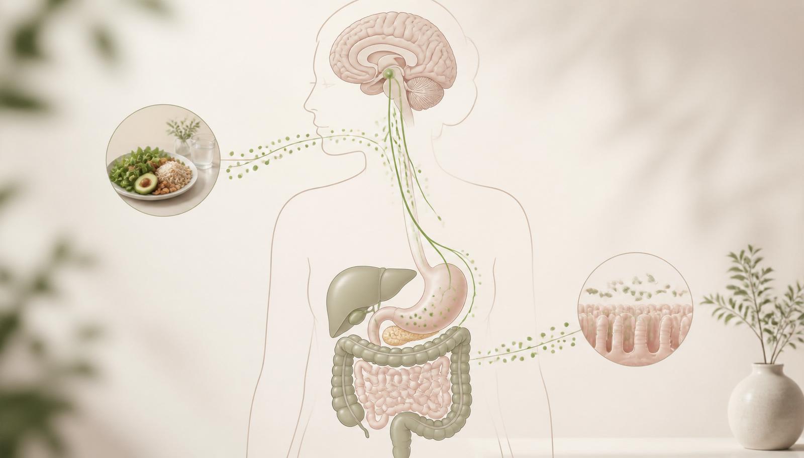 Editorial medical illustration of the gut and brain connected by gentle signalling pathways, in muted sage and cream