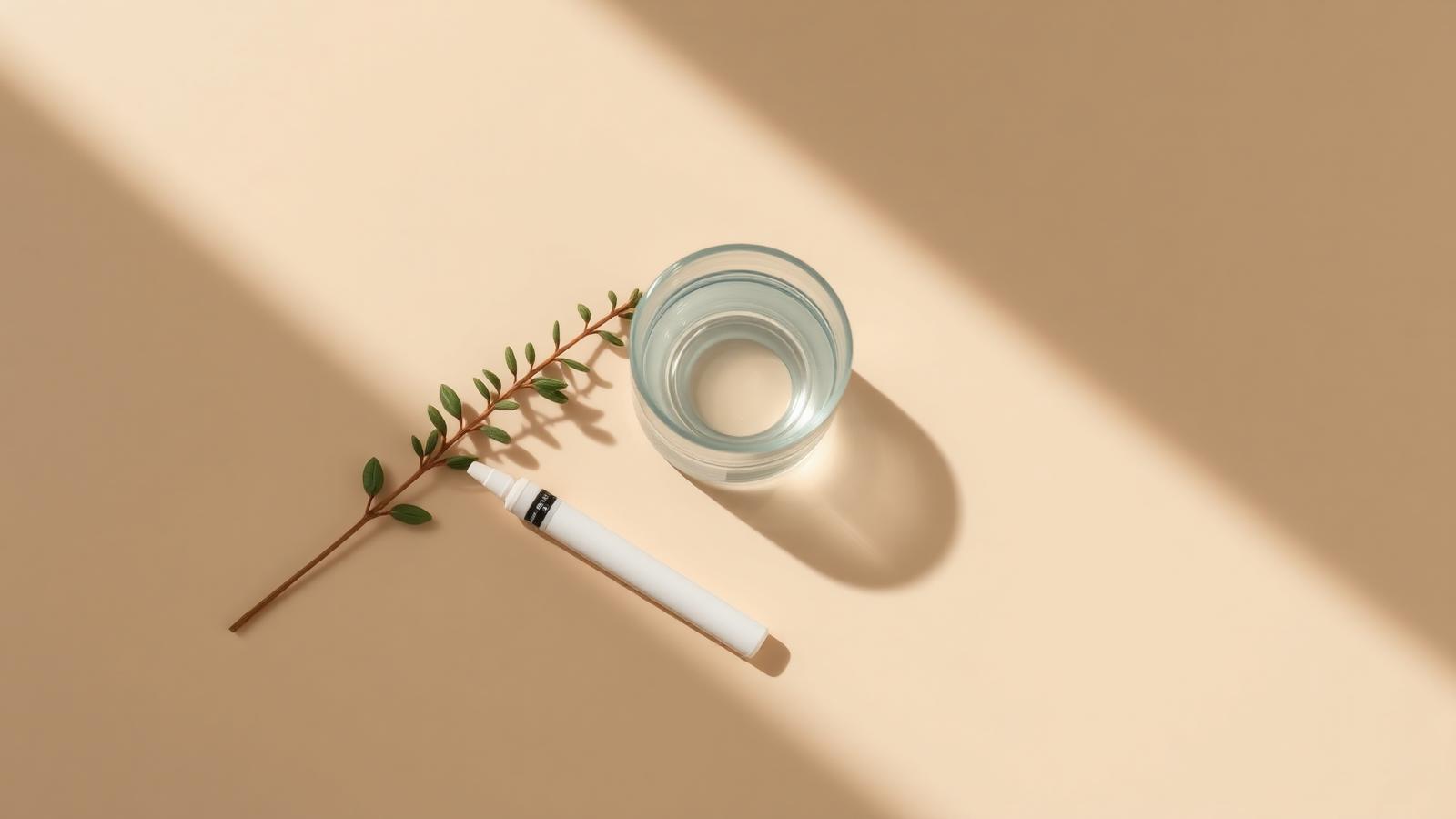 Minimalist overhead still life: a plain unbranded injection pen and a glass of water beside a sprig of greenery on a warm neutral surface