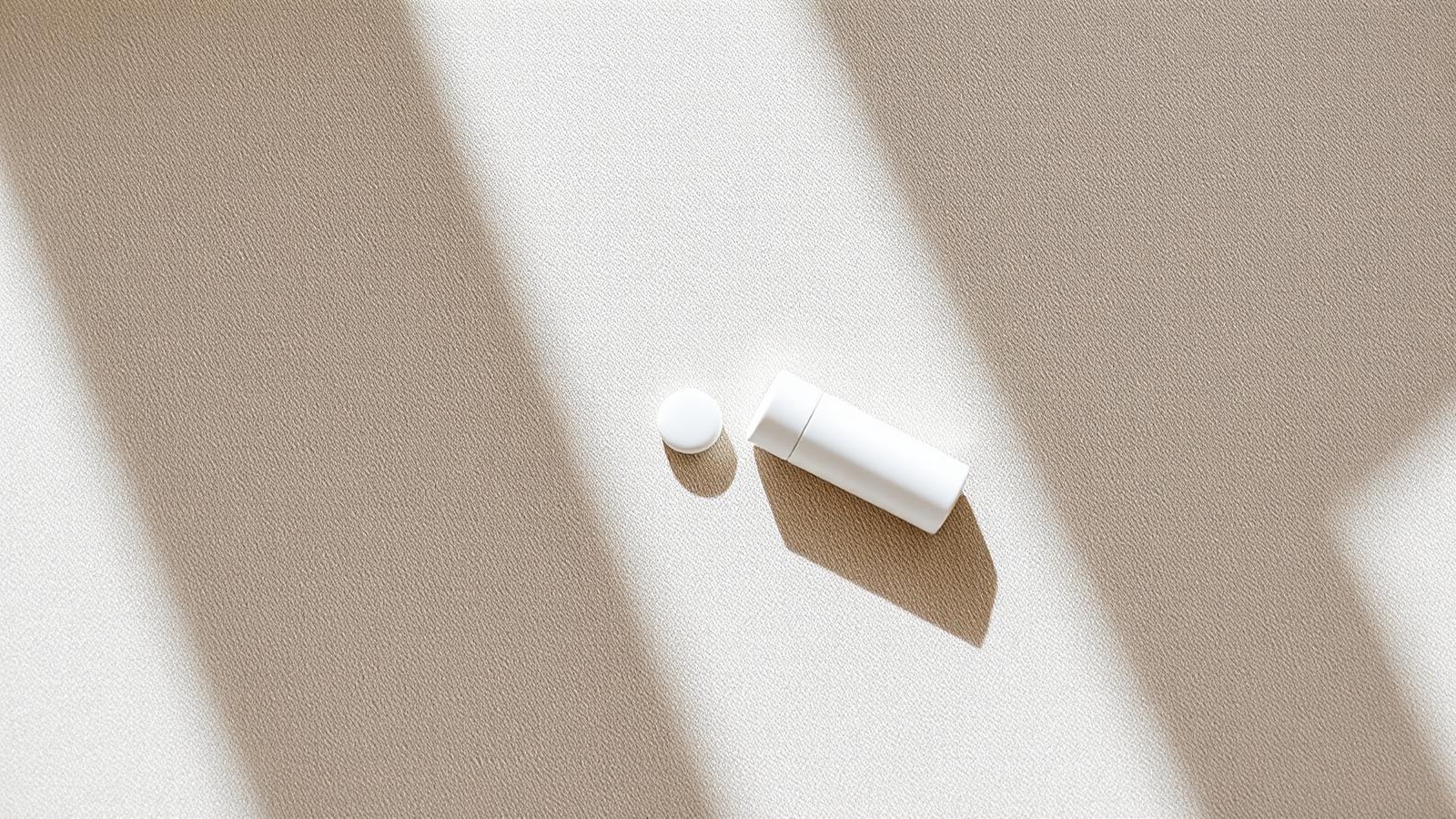A single small white tablet beside a plain unbranded injection pen on a soft neutral surface