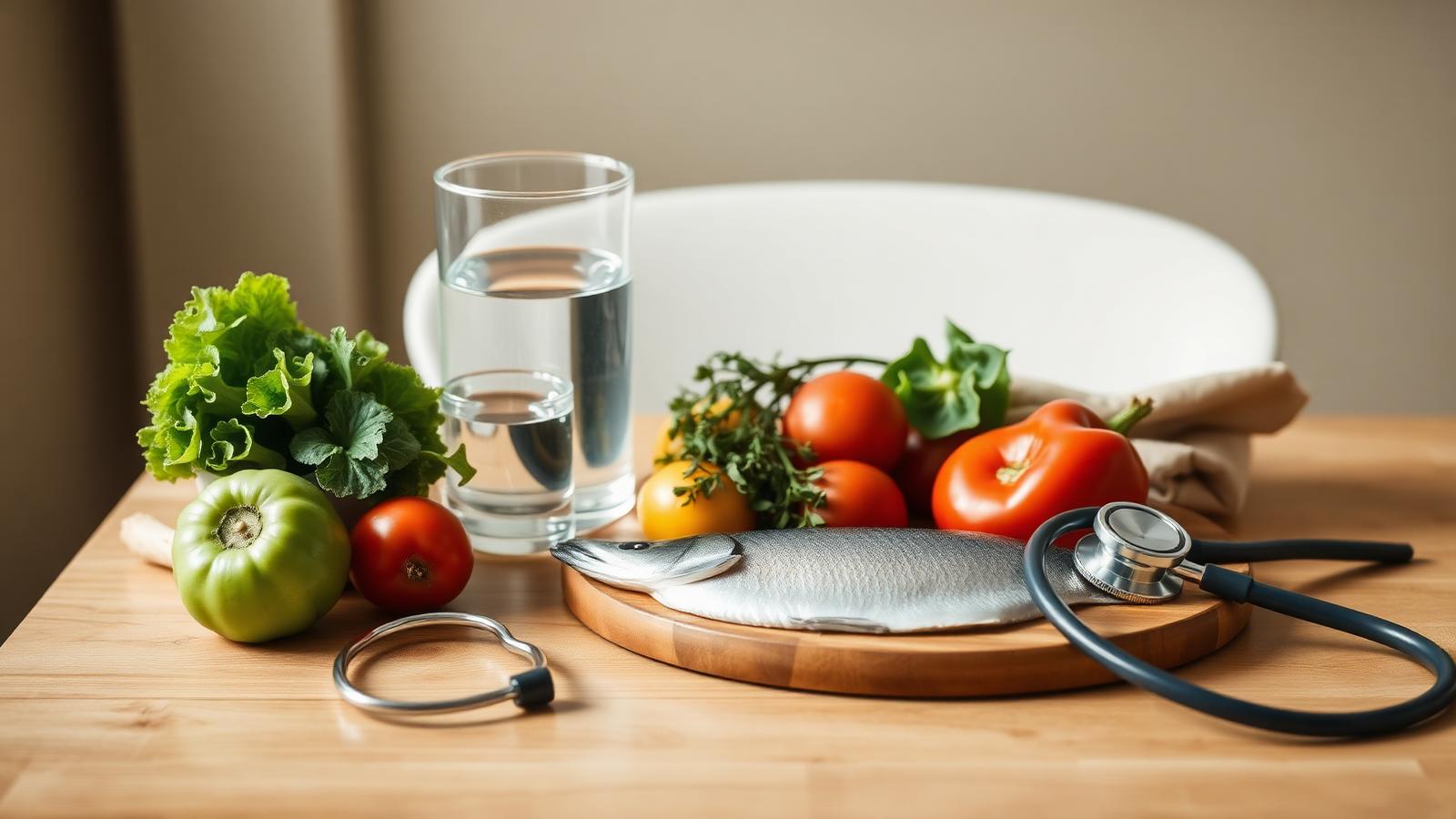 Wooden table with fresh vegetables, oily fish, a glass of water and a stethoscope in warm natural light