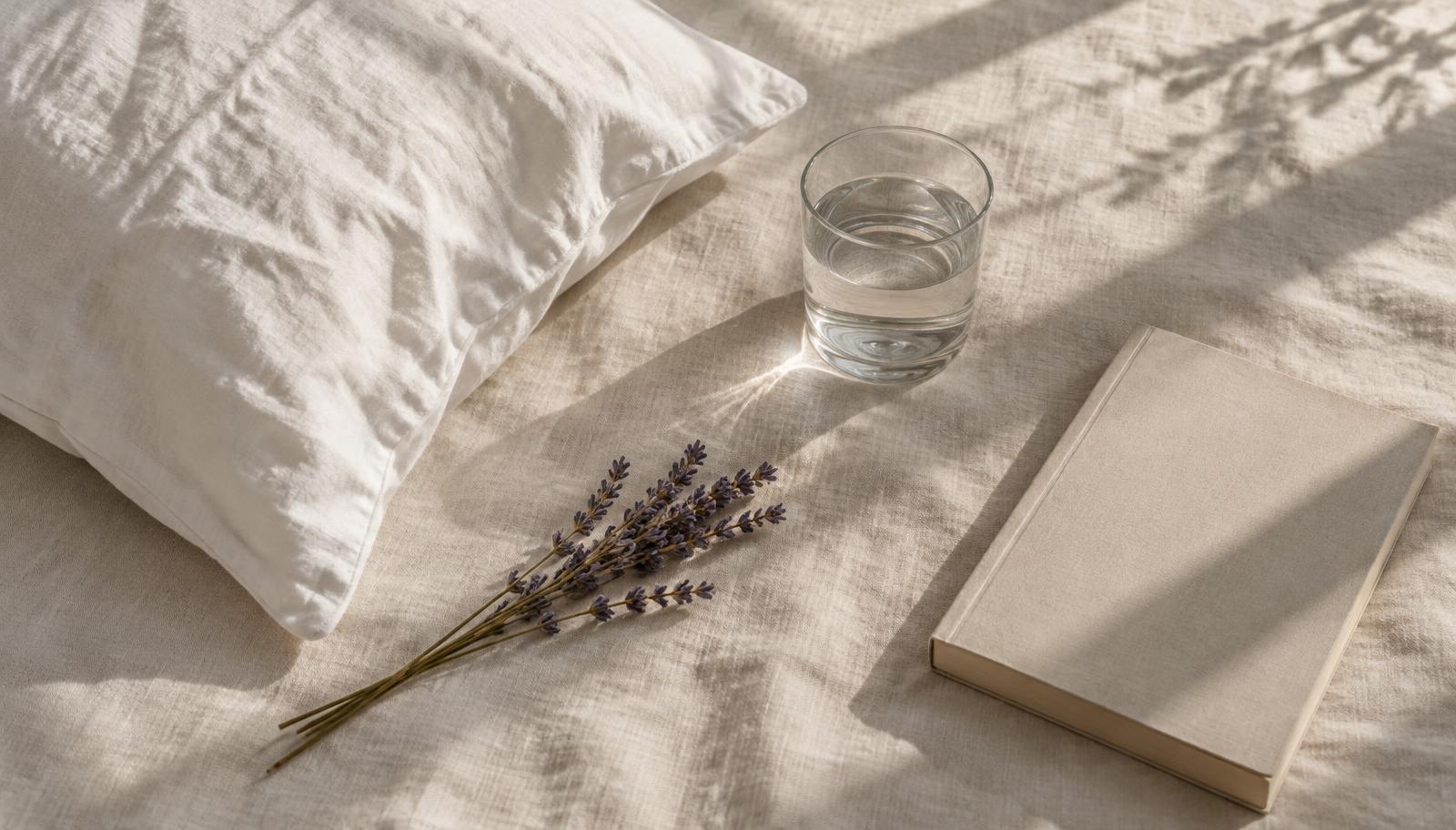 Overhead still life of a white linen pillow, a glass of water, a sprig of dried lavender and a closed book in soft morning light